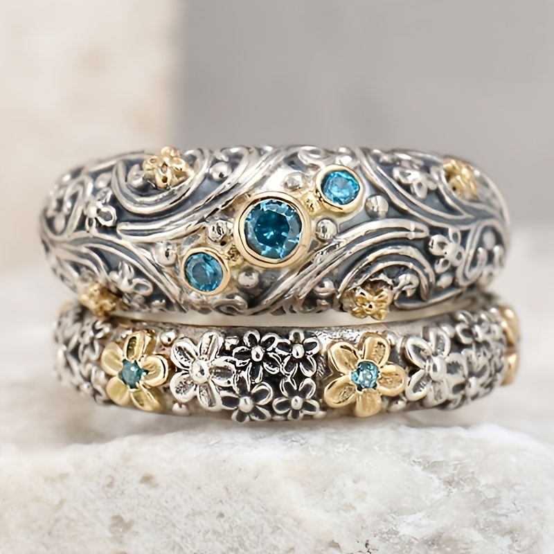 2pcs Vintage Texture Floral Design Exquisite Rings for Women